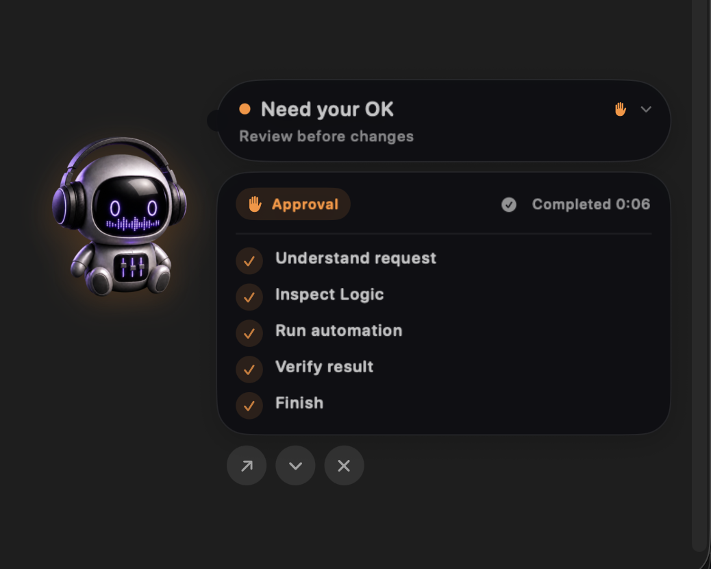 Studio Bot Pet Assistant showing an approval timeline in Logic Pro